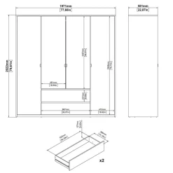 Kledingkast Atlanta Eiken / Hoogglans Wit - 197x202x58 cm
