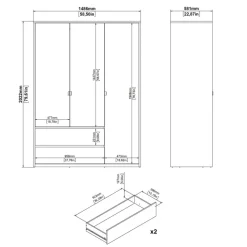 Kledingkast Atlanta Eiken / Hoogglans Wit - 149x202x58 cm