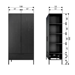 WOOOD Kledingkast Adam Zwart - 100x200x53 cm