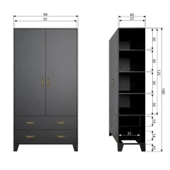WOOOD Kledingkast Dian Zwart - 94x180x40 cm